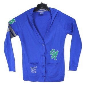 Vintage Champion Heritage Womens Hooded Cardigan USN US Navy V neck Blue Sz L